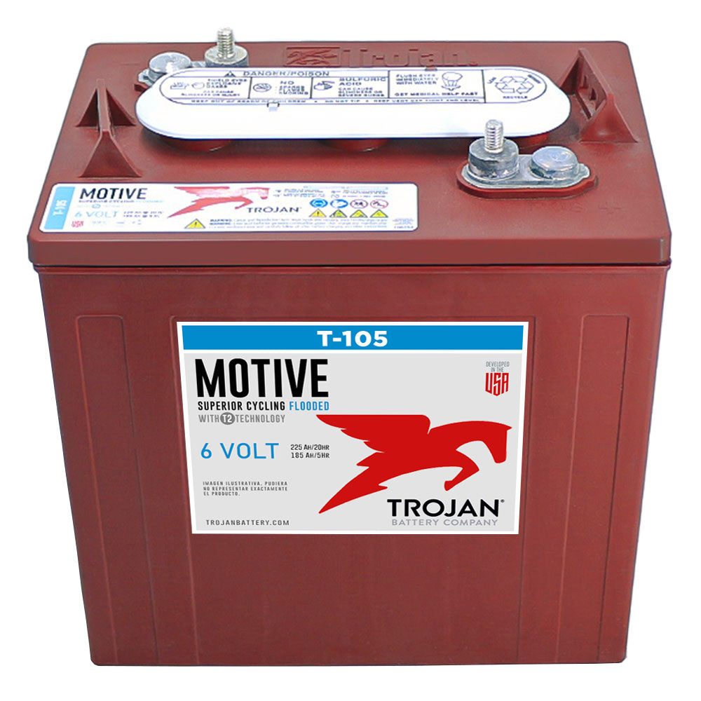 BATERIA DE CICLADO PROFUNTO DE 6 VOLTS 225 AMP 20 HR TARIMA DE 8 PIEZAS MARCA TROJAN T-105